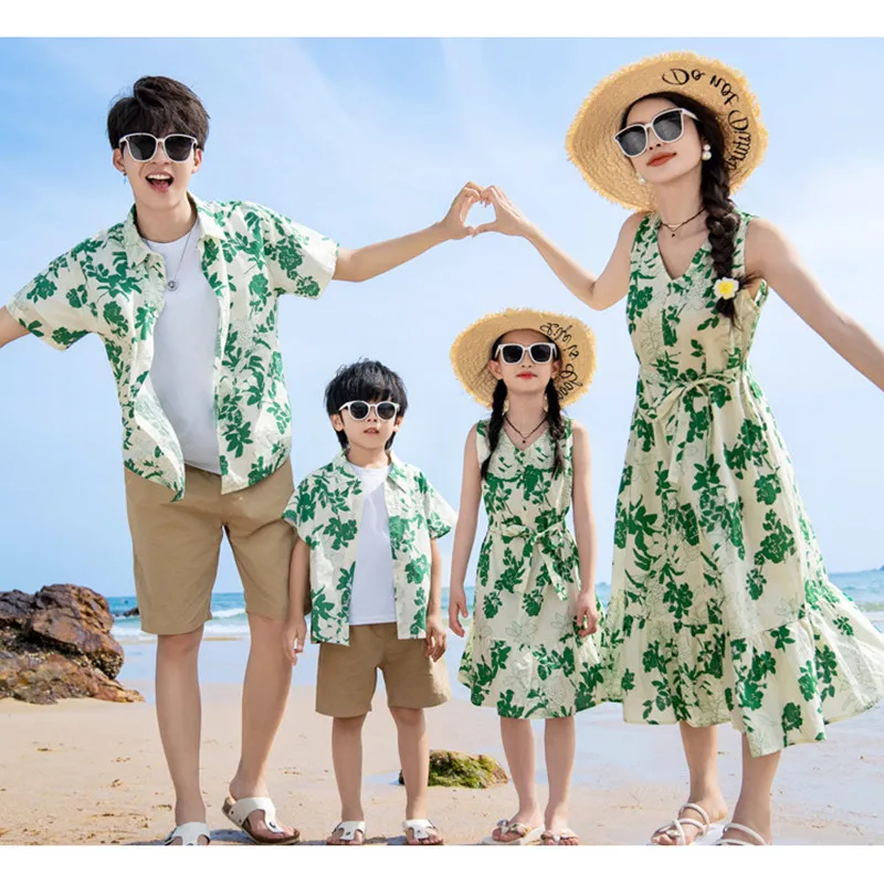 Plant Parent Clothing - ชุดพ่อแม่ลูกสีเขียวของรีสอร์ทชุดคู่ชายหาดชุดแม่ลูกสำหรับครอบครัววันหยุดพักผ่อน